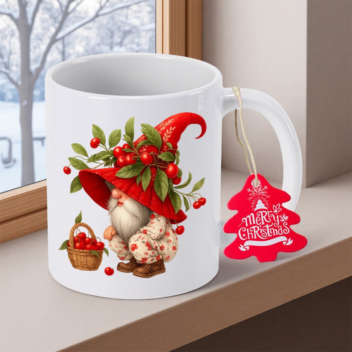 Tailorly White Ceramic 11 oz Mug - Merry Christmas Wearing Red Pointed Hat Decorated With Holly Berries And Basket Gnome