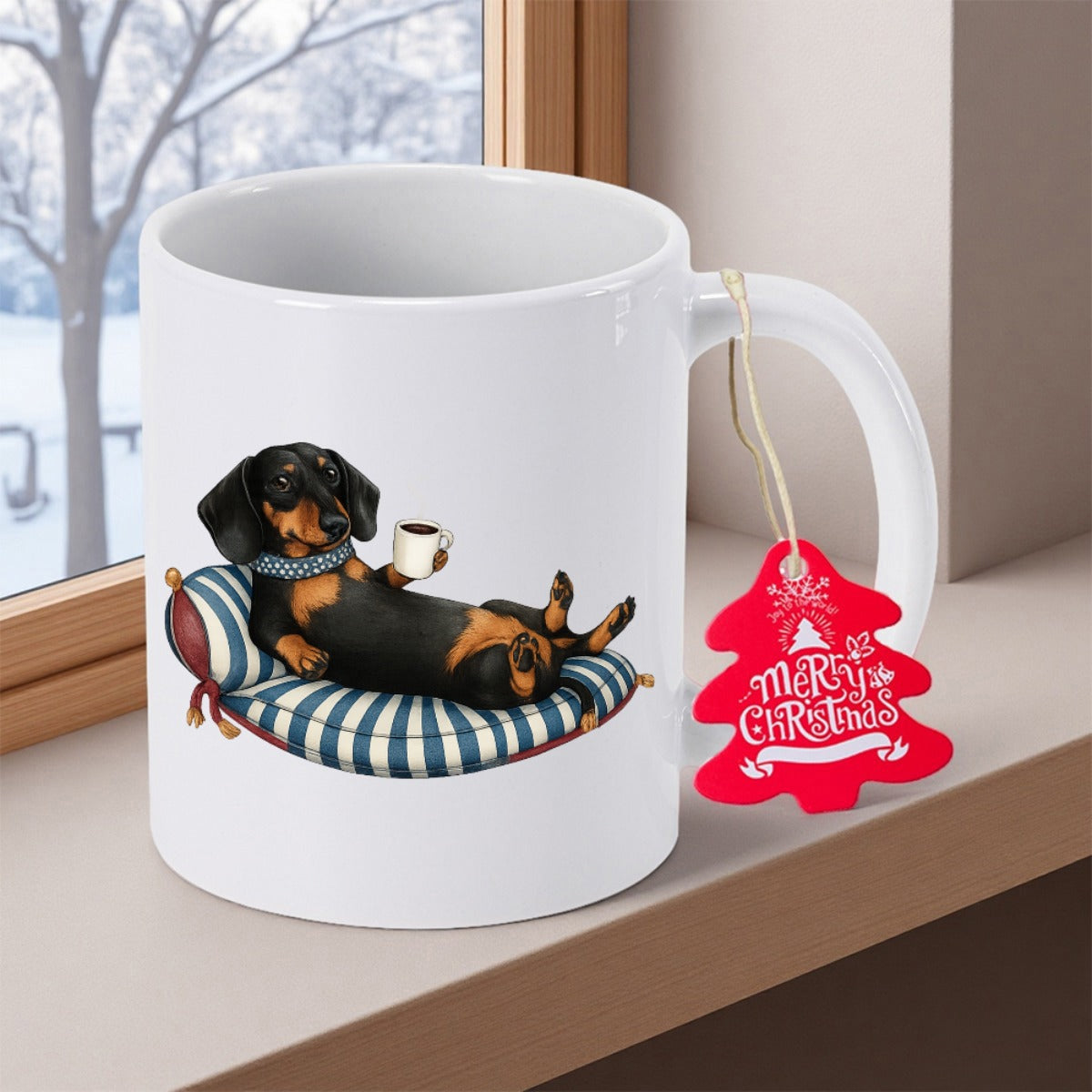 Tailorly White Ceramic 11 oz Mug - Merry Christmas Relaxed Dachshund Holding Coffee Cup While Resting On Striped Cushion Dachshund