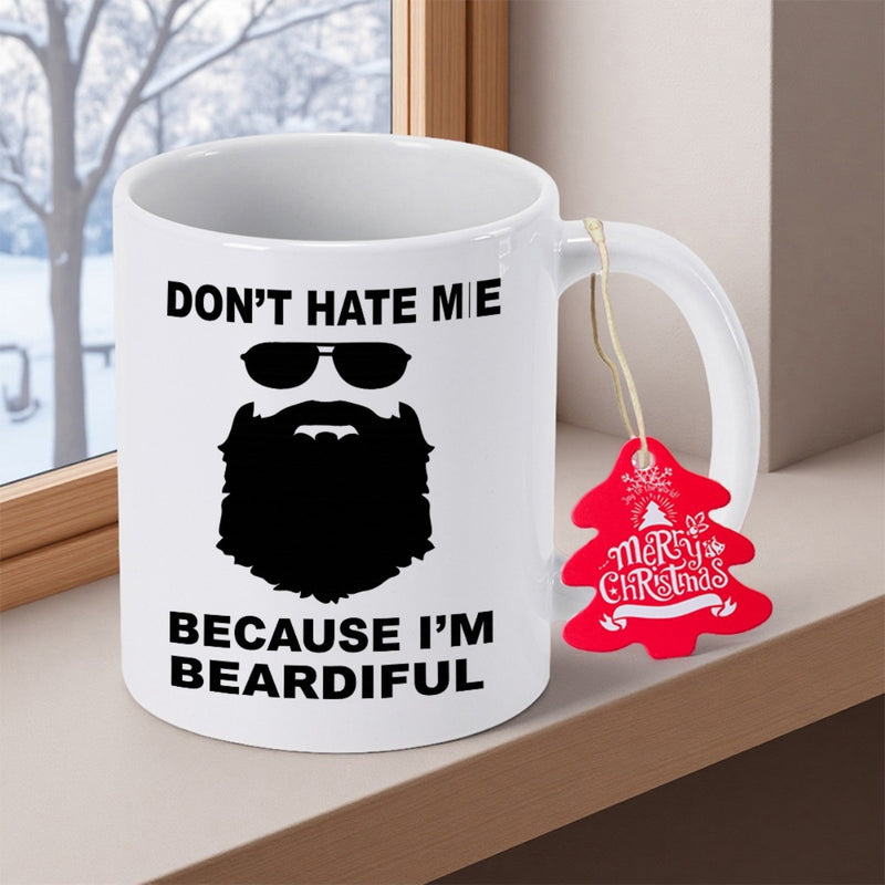 Tailorly White Ceramic 11 oz Mug - Don't Hate Me Because I'm Beardiful Bold Silhouette Of Facial Hair Featuring Classic Black Sunglasses Beard