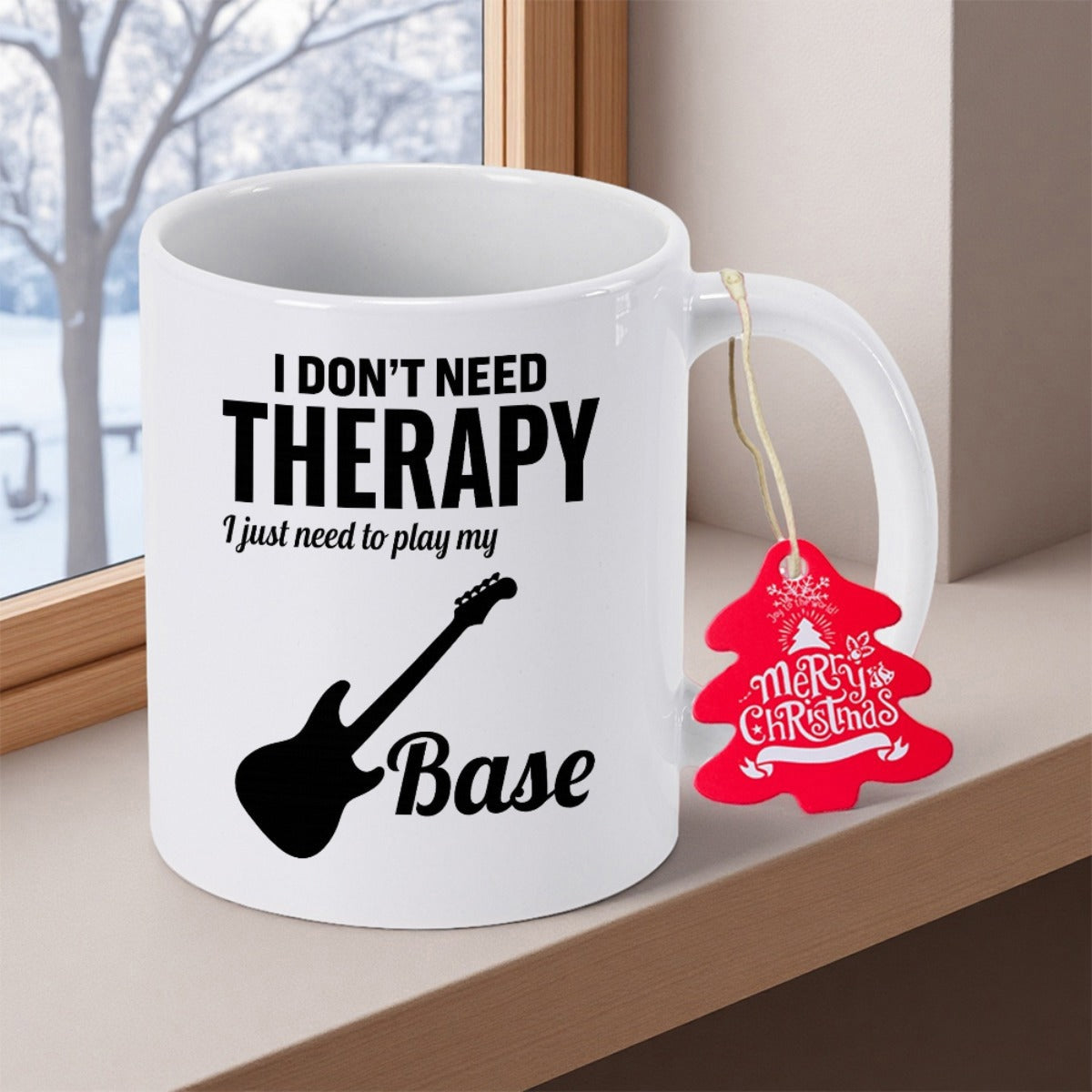 Tailorly White Ceramic 11 oz Mug - I Don't Need Therapy I Just Need To Play My Base Silhouette Of Musical Instrument With Strings Floating On Clean Background Bass