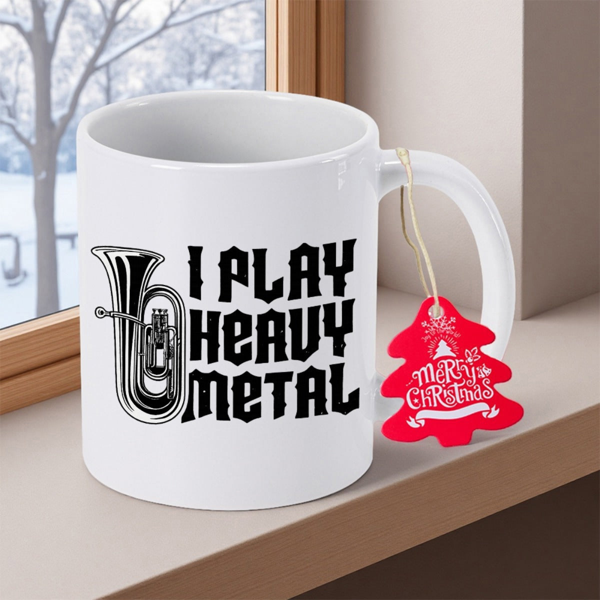 Tailorly White Ceramic 11 oz Mug - I Play Heavy Metal Detailed Black Ink Illustration Of A Classical Musical Brass Instrument Tuba