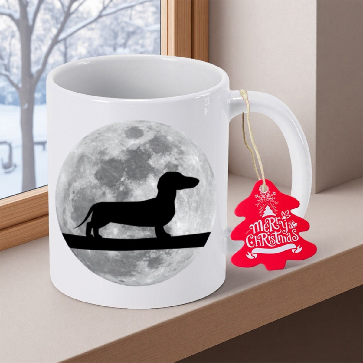 Tailorly White Ceramic 11 oz Mug - Merry Christmas Silhouette Standing Against Large Glowing Realistic Lunar Surface Background Dachshund