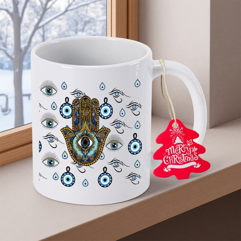 Tailorly White Ceramic 11 oz Mug - Merry Christmas Protective Ancient Symbol Among Spiritual Nazar Symbols And Water Droplets Hand