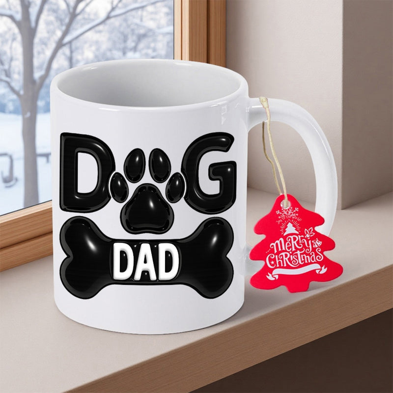Tailorly White Ceramic 11 oz Mug - Dog Dad Bold Black Typography Combined With Paw Print And Large Bone Mug
