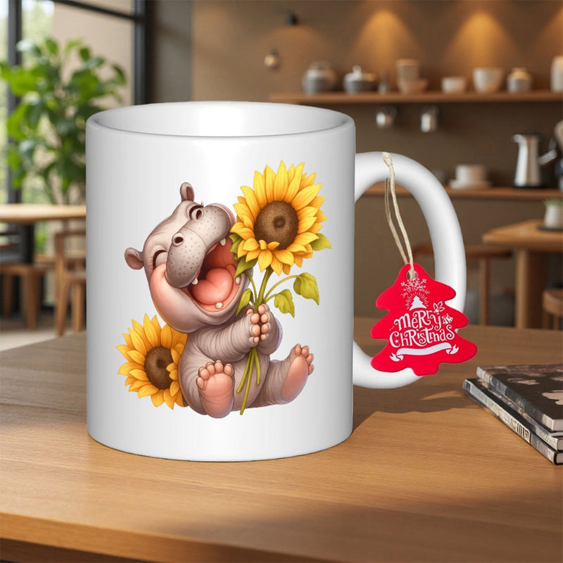 Tailorly White Ceramic 11 oz Mug - Merry Christmas Adorable Baby Hippo Sitting Among Blossoming Sunflowers With Joyful Expression Hippo