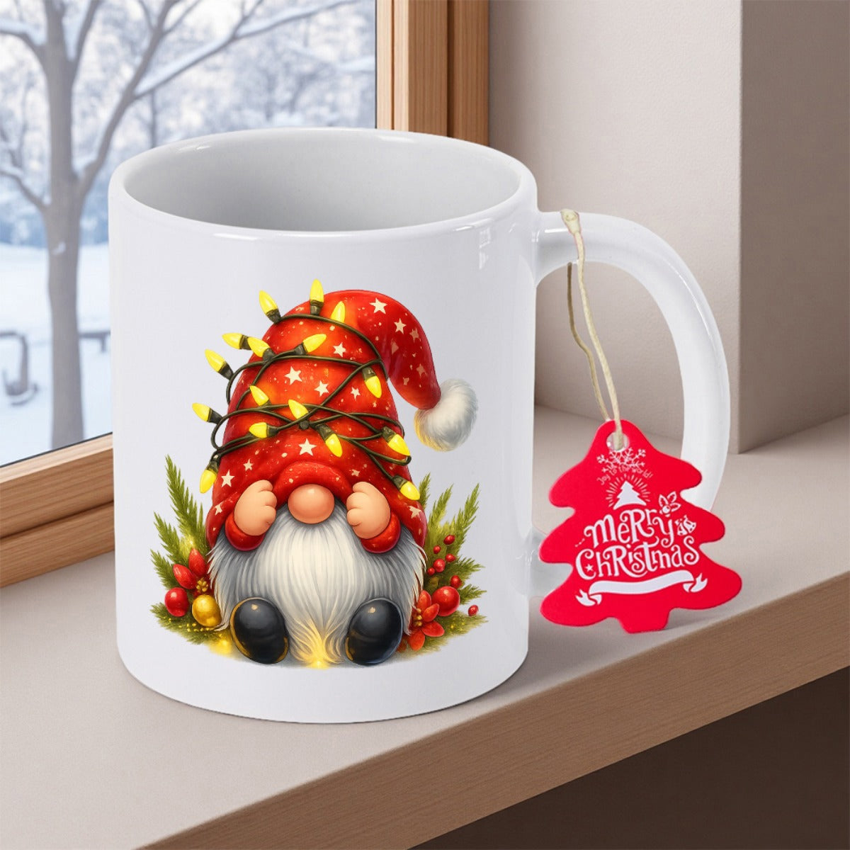 Tailorly White Ceramic 11 oz Mug - Merry Christmas Festive Character Wrapped In Glowing Twinkling Yellow Fairy Lights Holiday Gnome