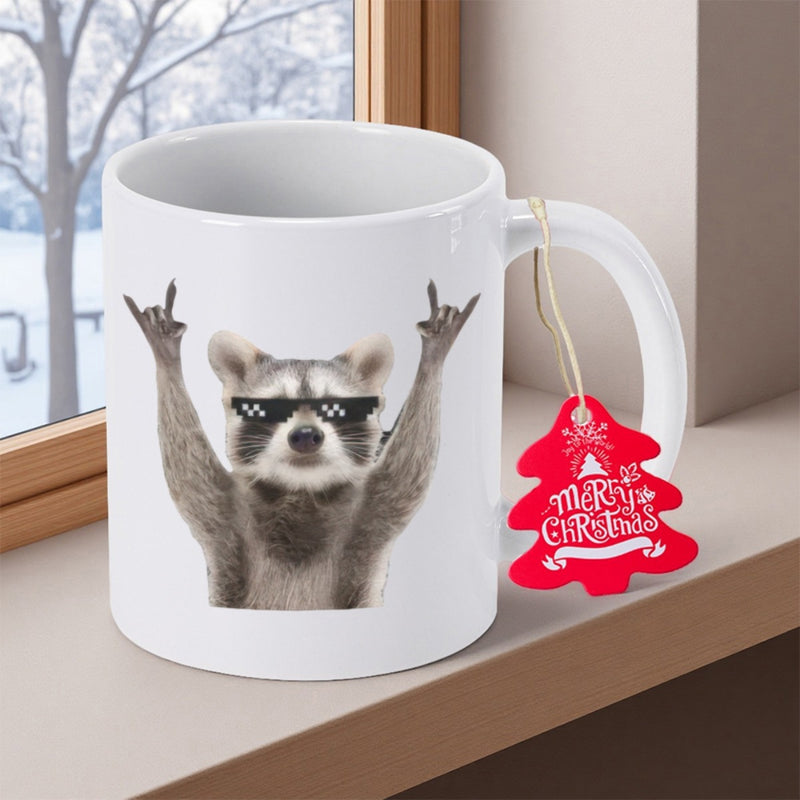 Tailorly White Ceramic 11 oz Mug - Cool Raccoon Wearing Pixelated Sunglasses Making Rock On Hand Gestures Raccoon