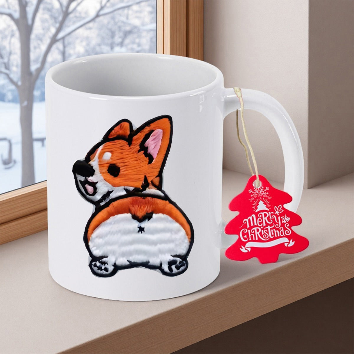Tailorly White Ceramic 11 oz Mug - Merry Christmas Adorable Cartoon Puppy Looking Back Featuring A Fluffy Round Rear Corgi