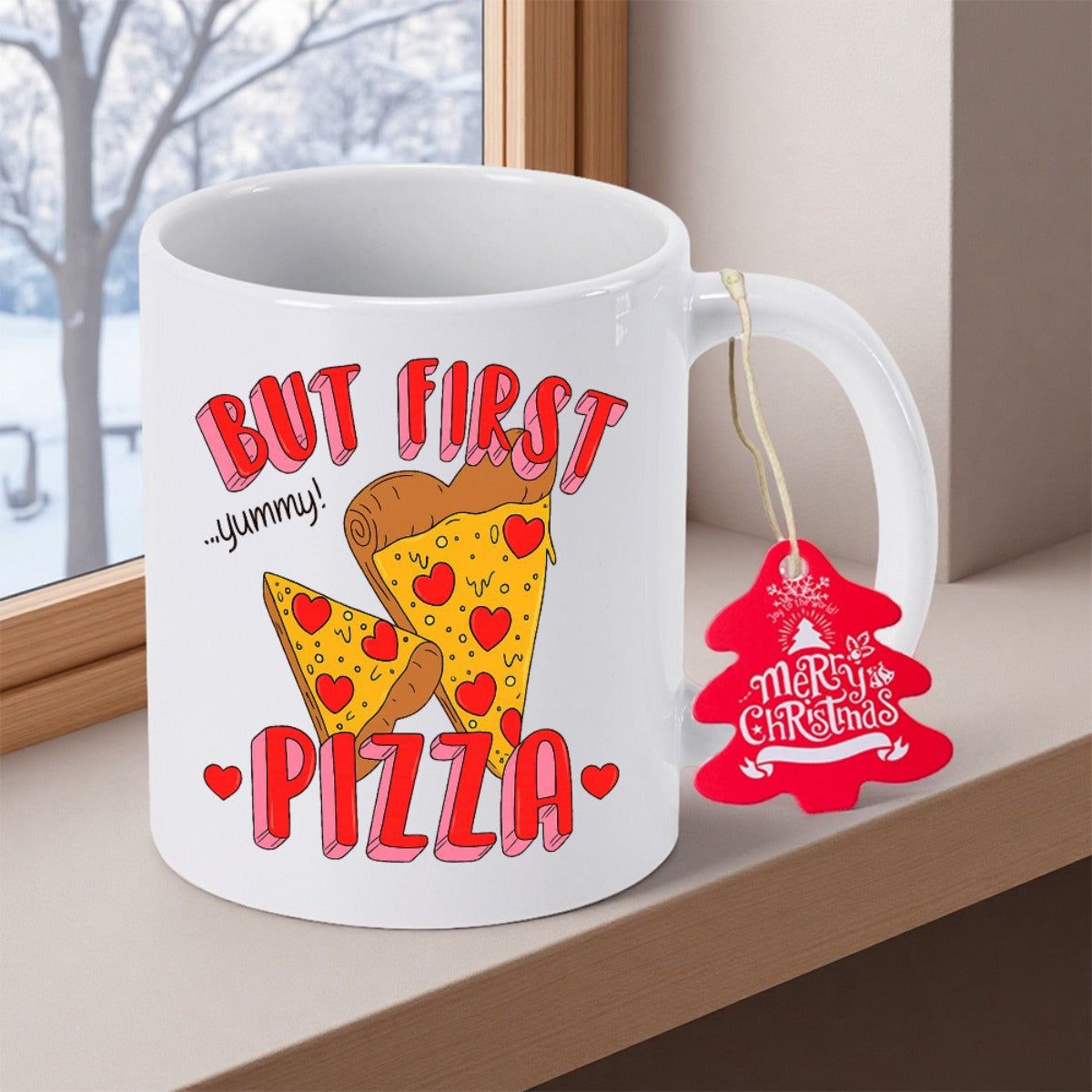 Tailorly White Ceramic 11 oz Mug - But First Pizza Melting Golden Crust Decorated With Delicious Heart Shaped Pepperoni Slices Pizza