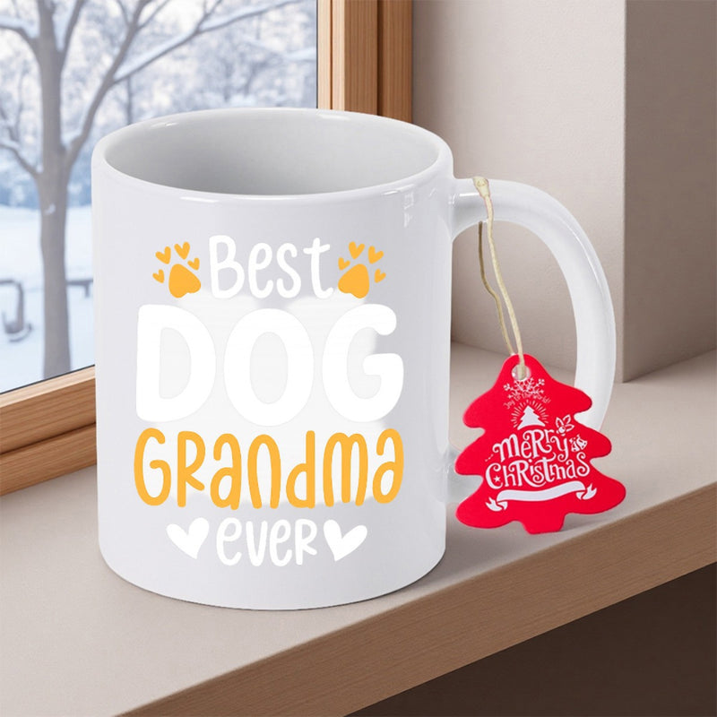 Tailorly White Ceramic 11 oz Mug - Best Dog Grandma Ever Cute Yellow Paw Prints And White Hearts Decorated Ceramic Mug