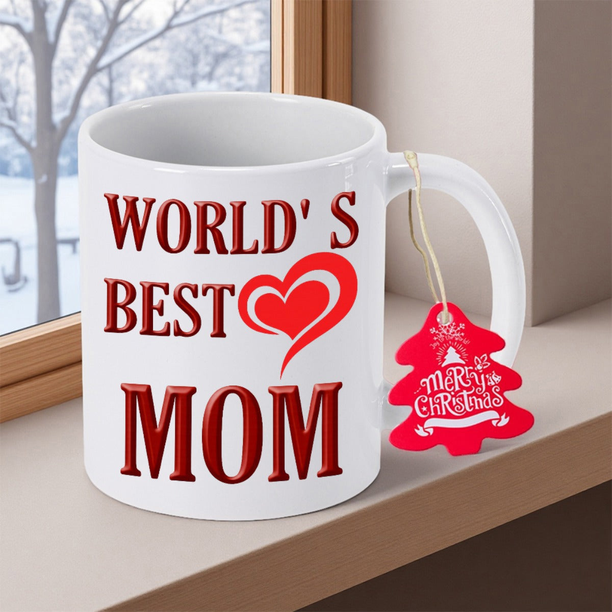 Tailorly White Ceramic 11 oz Mug - Worlds Best Mom Elegant Red Stylized Double Heart Symbol Surrounded By Bold Beveled Serif Lettering Heart