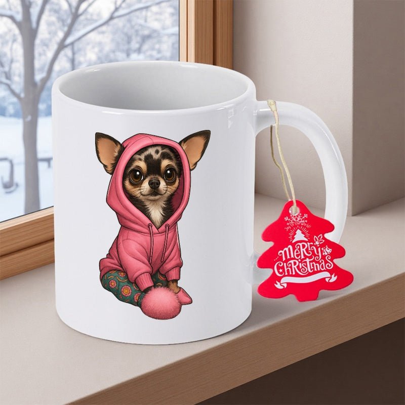 Tailorly White Ceramic 11 oz Mug - Merry Christmas Adorable Tiny Dog Wearing Pink Hoodie Sitting On Window Ledge Chihuahua