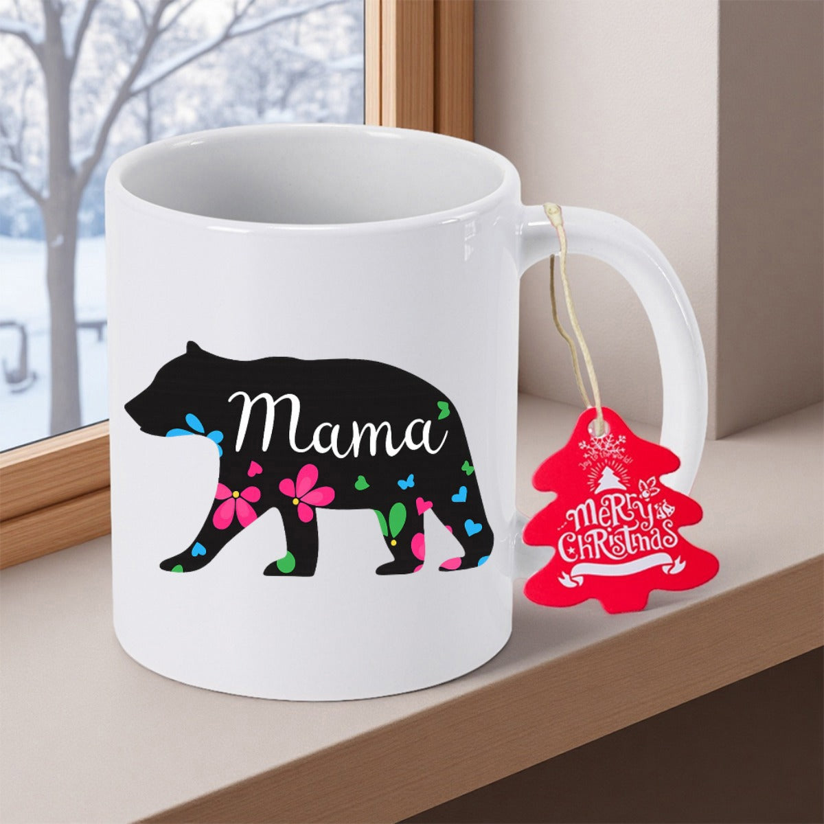 Tailorly White Ceramic 11 oz Mug - Mama Vibrant Colorful Floral Patterns Inside A Solid Black Walking Silhouette Bear