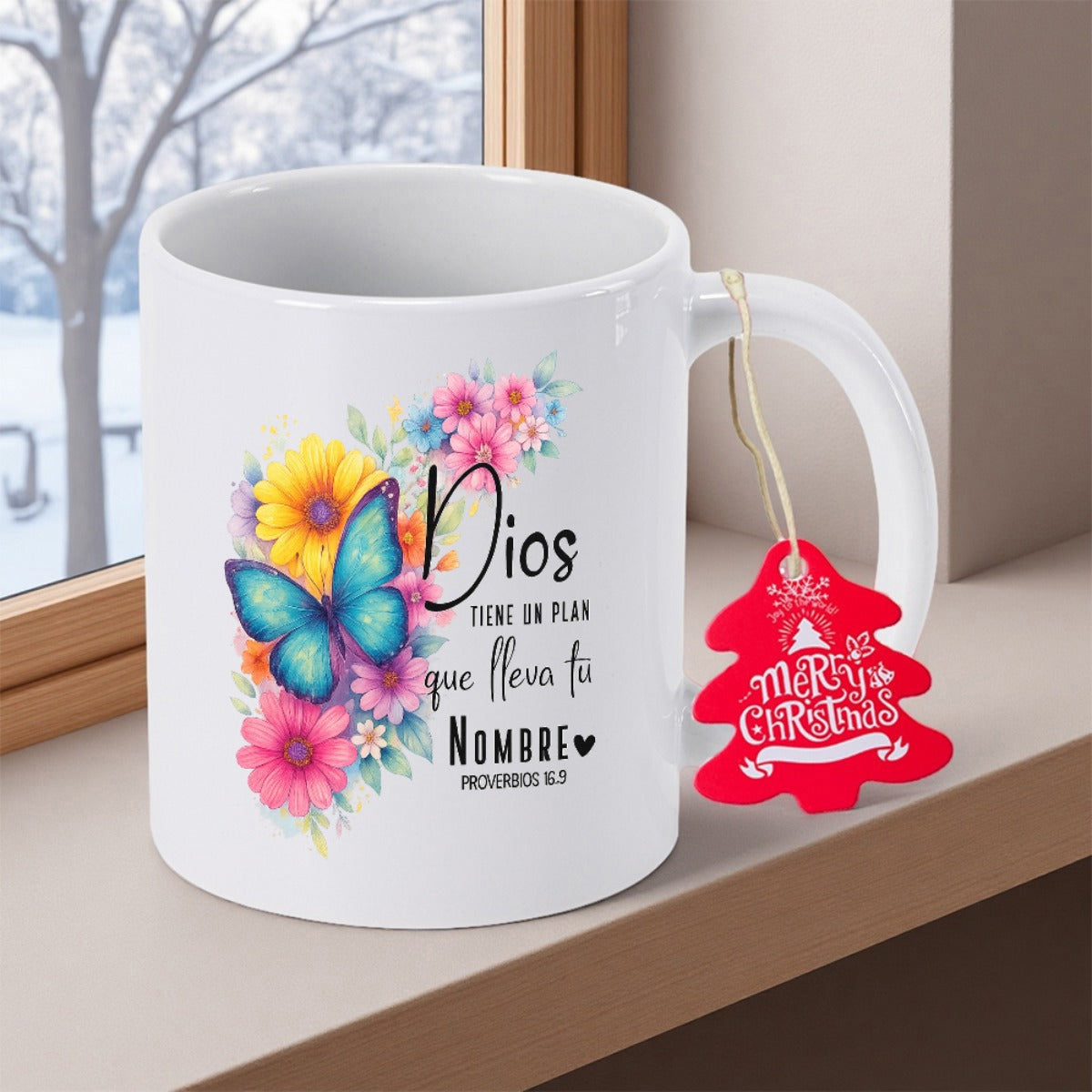 Tailorly White Ceramic 11 oz Mug - Merry Christmas Vibrant Blue Wings Among Colorful Blooming Flowers In Nature Butterfly