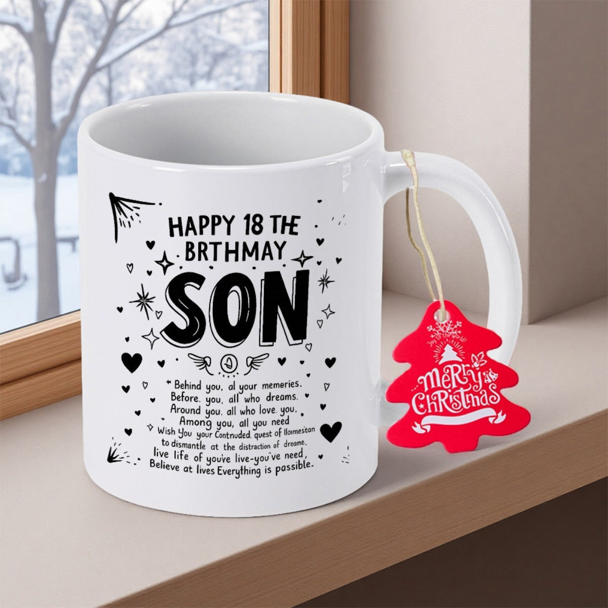 Tailorly White Ceramic 11 oz Mug - Happy 18 The Brthmay Son Merry Christmas Minimalist Black Ink Hearts And Stars Upon A