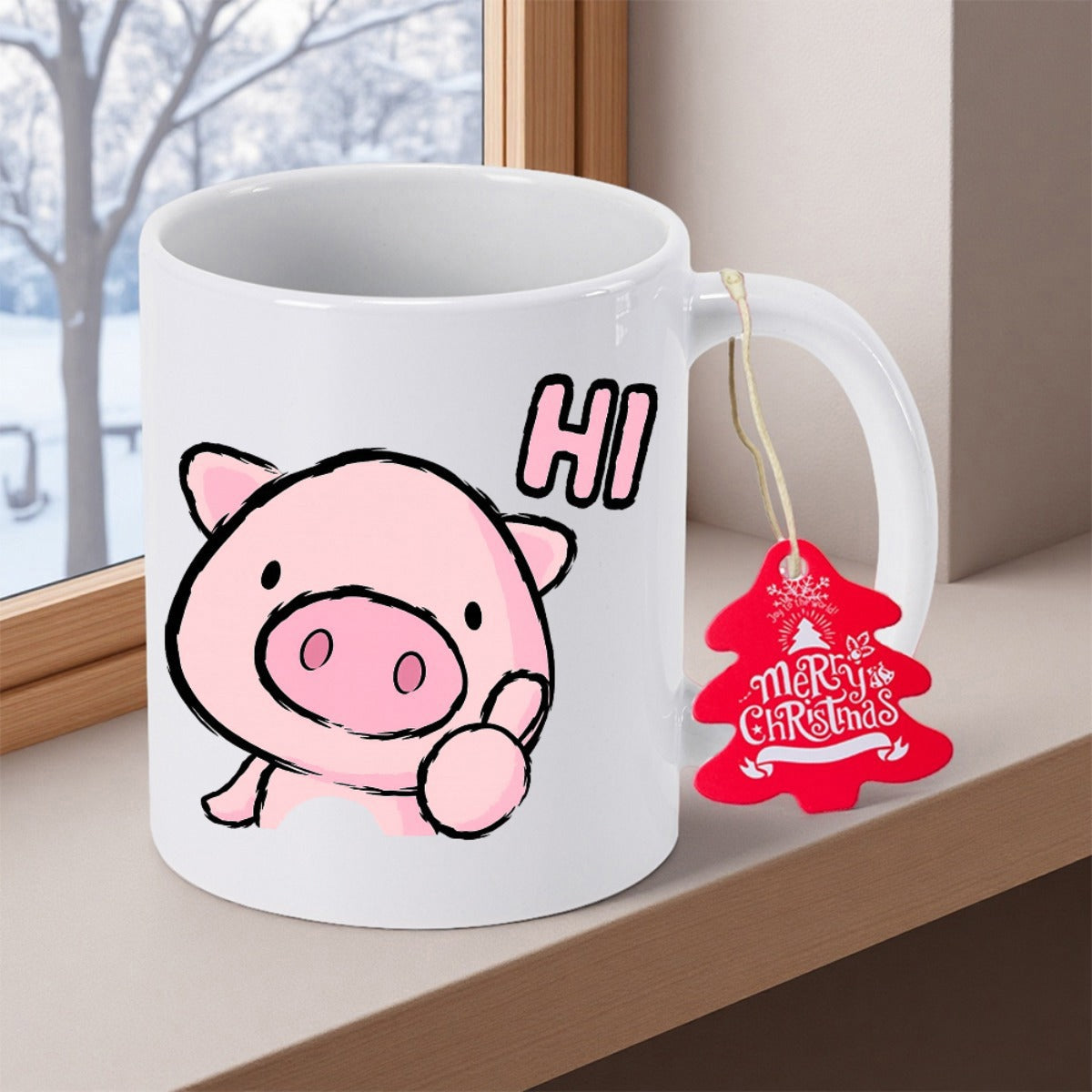 Tailorly White Ceramic 11 oz Mug - HI Merry Christmas Cute Adorable Pink Cartoon Character Giving Thumbs Up Standing Proudly Pig