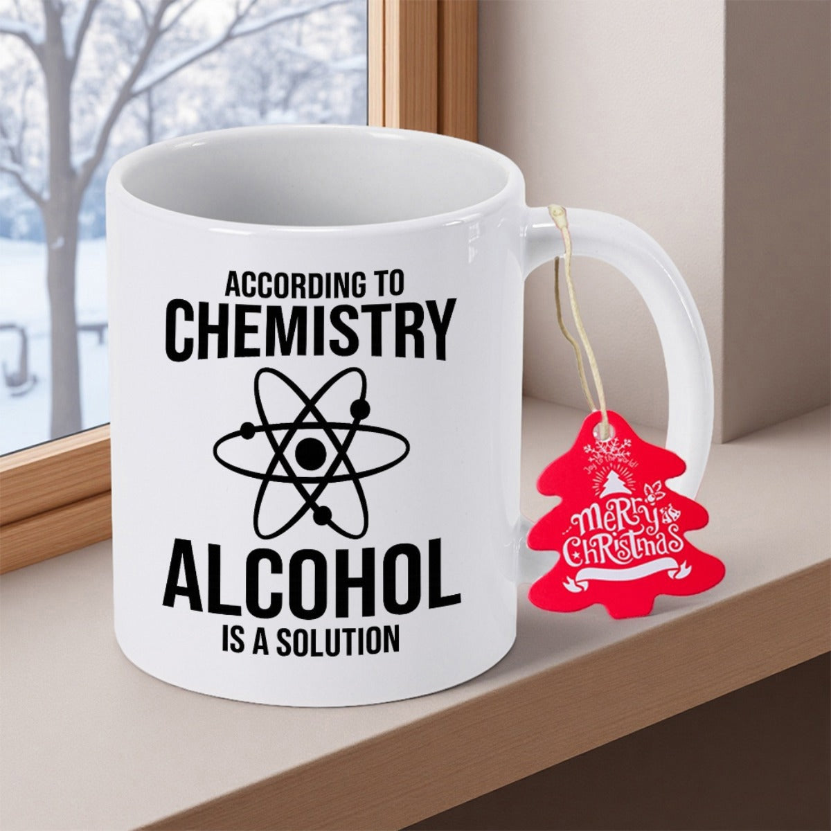 Tailorly White Ceramic 11 oz Mug - According To Chemistry Alcohol Is A Solution Stylized Scientific Atom Symbol Centered On A Clean White Finish Mug
