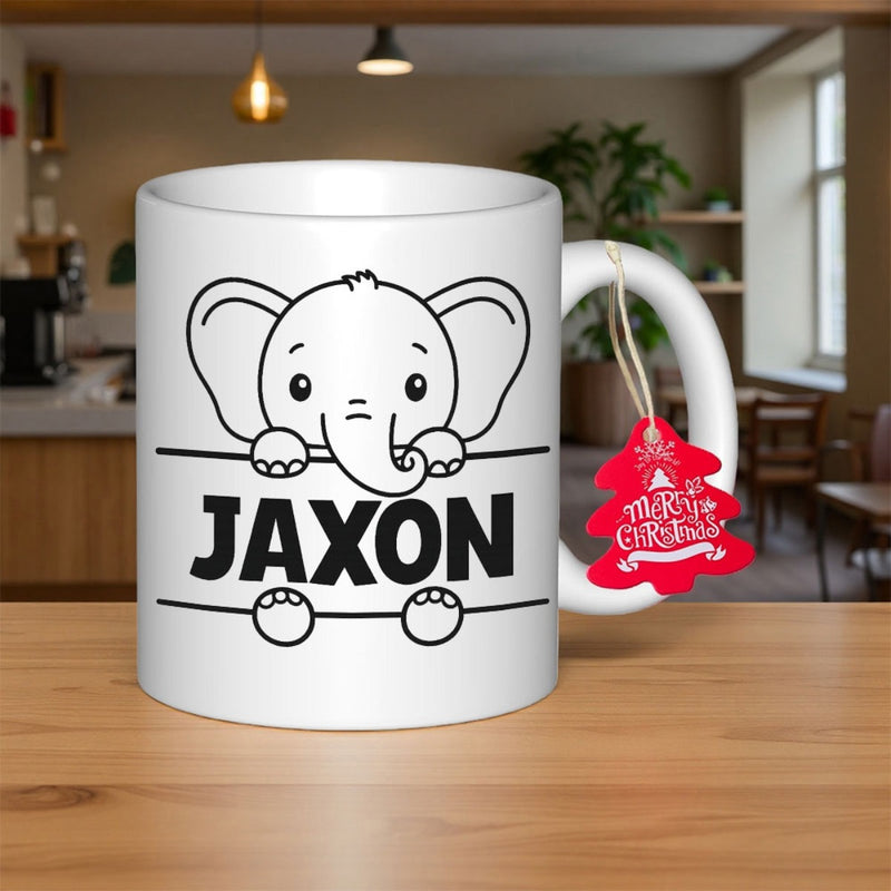 Tailorly White Ceramic 11 oz Mug - Jaxon Adorable Cartoon Baby Elephant Peeking Over Horizontal Lines With Minimalist Style Elephant