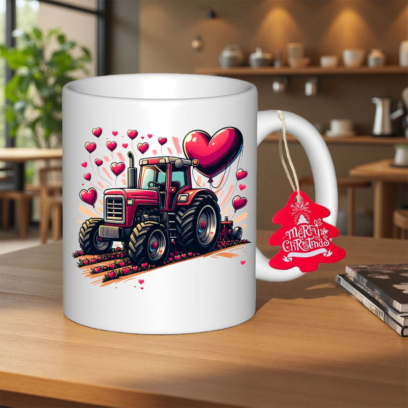 Tailorly White Ceramic 11 oz Mug - Red Farm Vehicle Surrounded By Floating Romantic Hearts And Love Balloons Tractor
