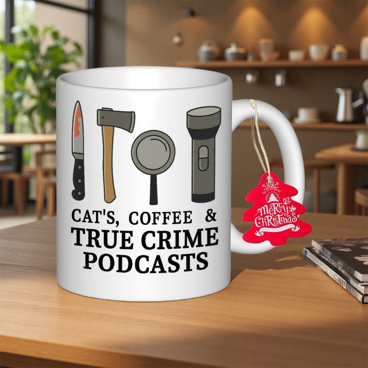 Tailorly White Ceramic 11 oz Mug - Cats Coffee True Crime Podcasts Mystery Investigative Elements With Knife Axe And Flashlight Mug