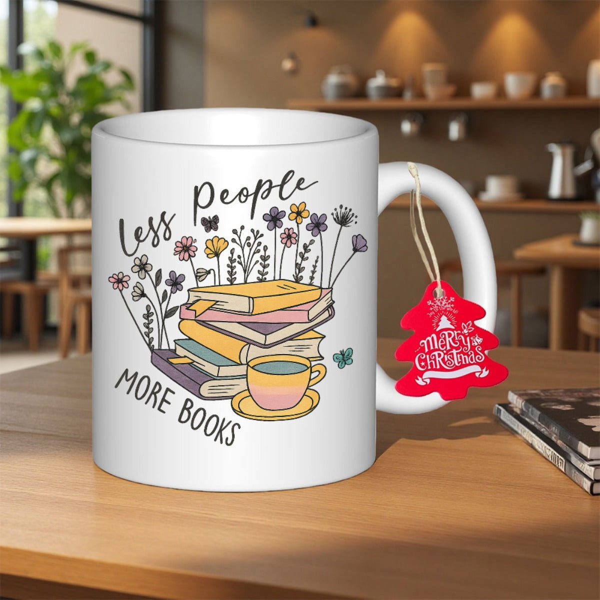 Tailorly White Ceramic 11 oz Mug - Less People More Books Delicate Wildflowers Blooming From Stacked Books Surrounded By Whimsical Flying Butterflies Books