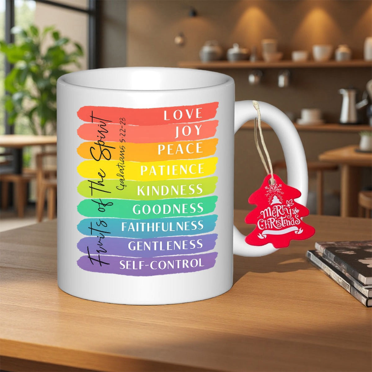 Tailorly White Ceramic 11 oz Mug - Fruits Of The Spirit Colorful Rainbow Brush Strokes With Script Handwriting Mug