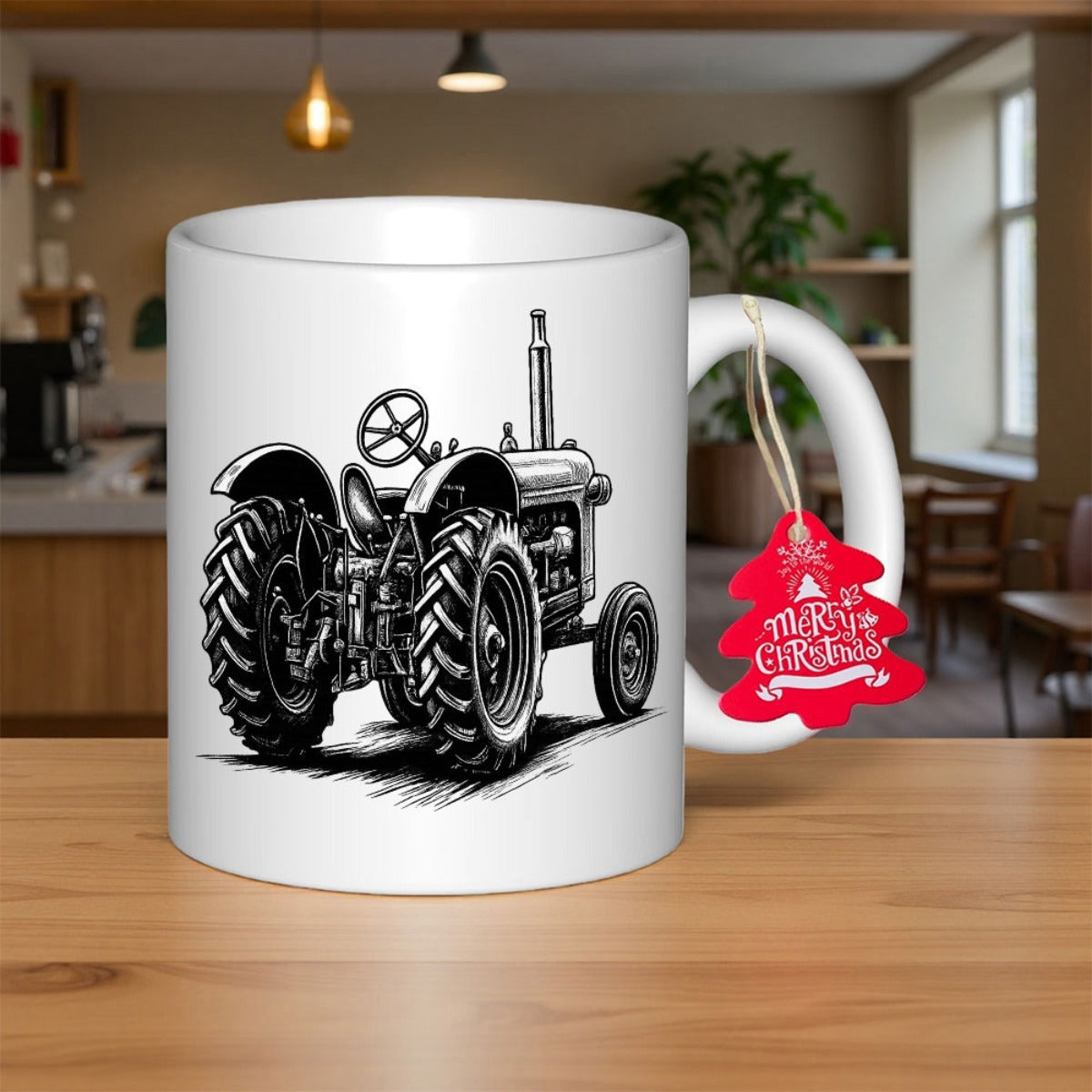 Tailorly White Ceramic 11 oz Mug - Detailed Ink Style Vintage Agricultural Machine With Large Rugged Tires Tractor
