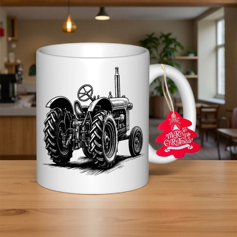 Tailorly White Ceramic 11 oz Mug - Detailed Ink Style Vintage Agricultural Machine With Large Rugged Tires Tractor