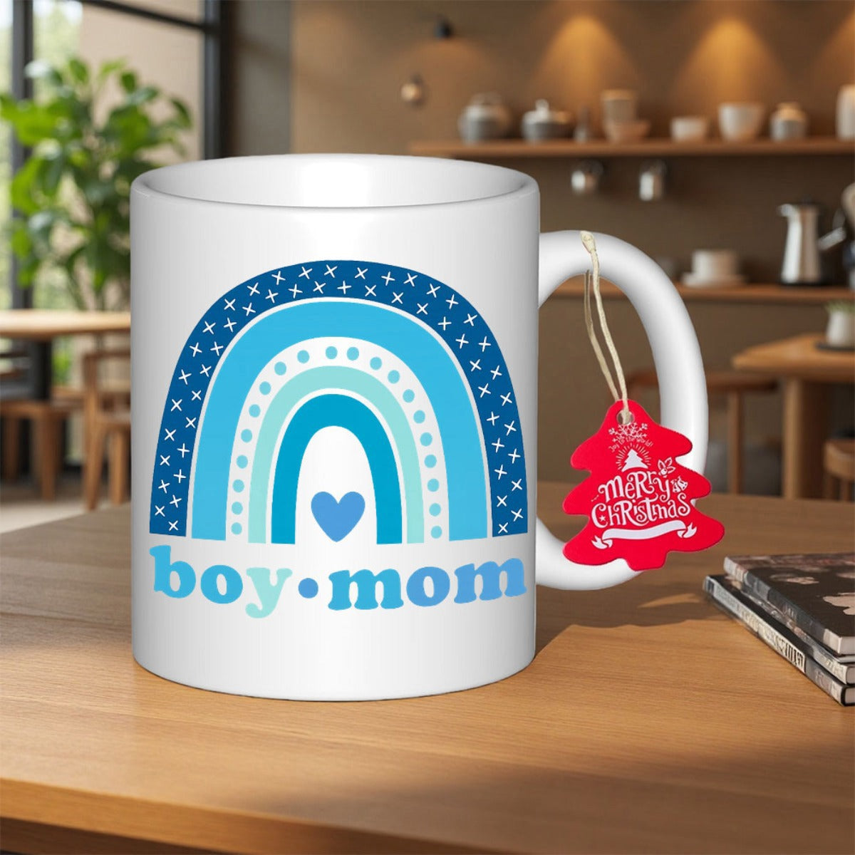 Tailorly White Ceramic 11 oz Mug - Boy Mom Stylized Blue Boho Rainbow With Tiny Stars And Heart Motif Rainbow