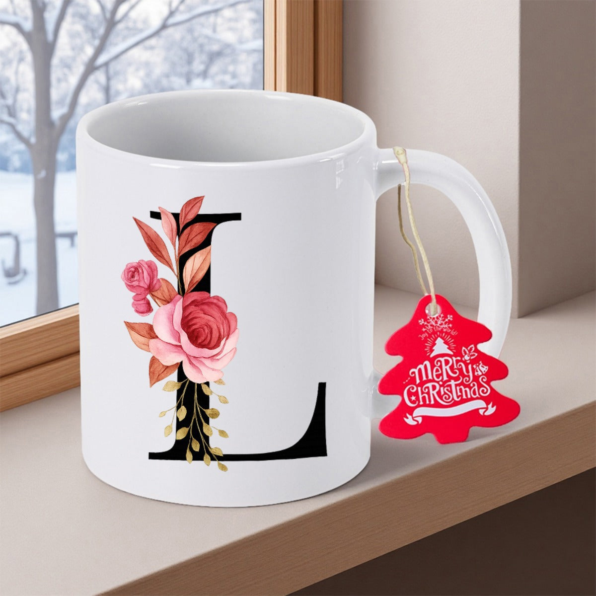 Tailorly White Ceramic 11 oz Mug - Merry Christmas L Elegant Serif Style Adorned With Blooming Pink Rose And Fall Leaves Letter L