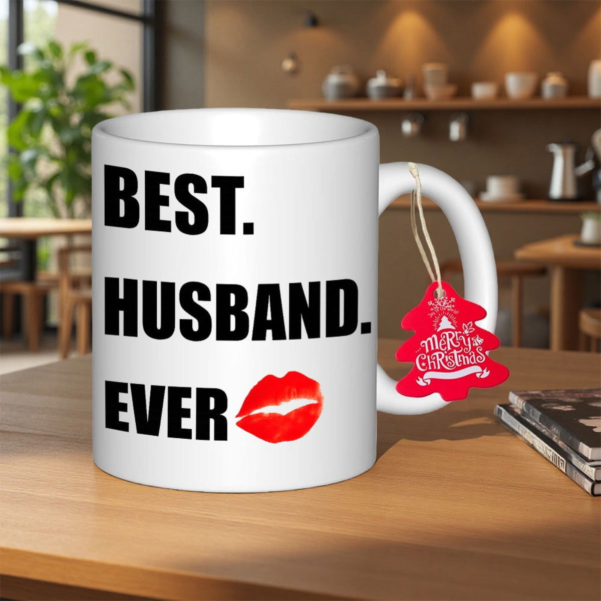 Tailorly White Ceramic 11 oz Mug - Best Husband Ever Bold Black Sans Serif Lettering Next To A Vivid Red Lipstick Kiss Mark Mug