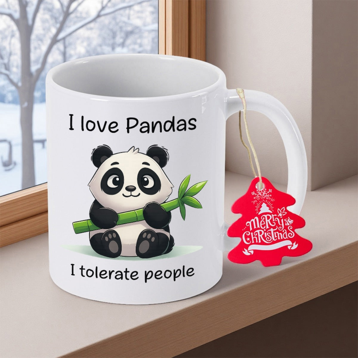 Tailorly White Ceramic 11 oz Mug - I Love Pandas I Tolerate People Adorable Small Cartoon Panda Holding Vibrant Green Bamboo Stalk Panda