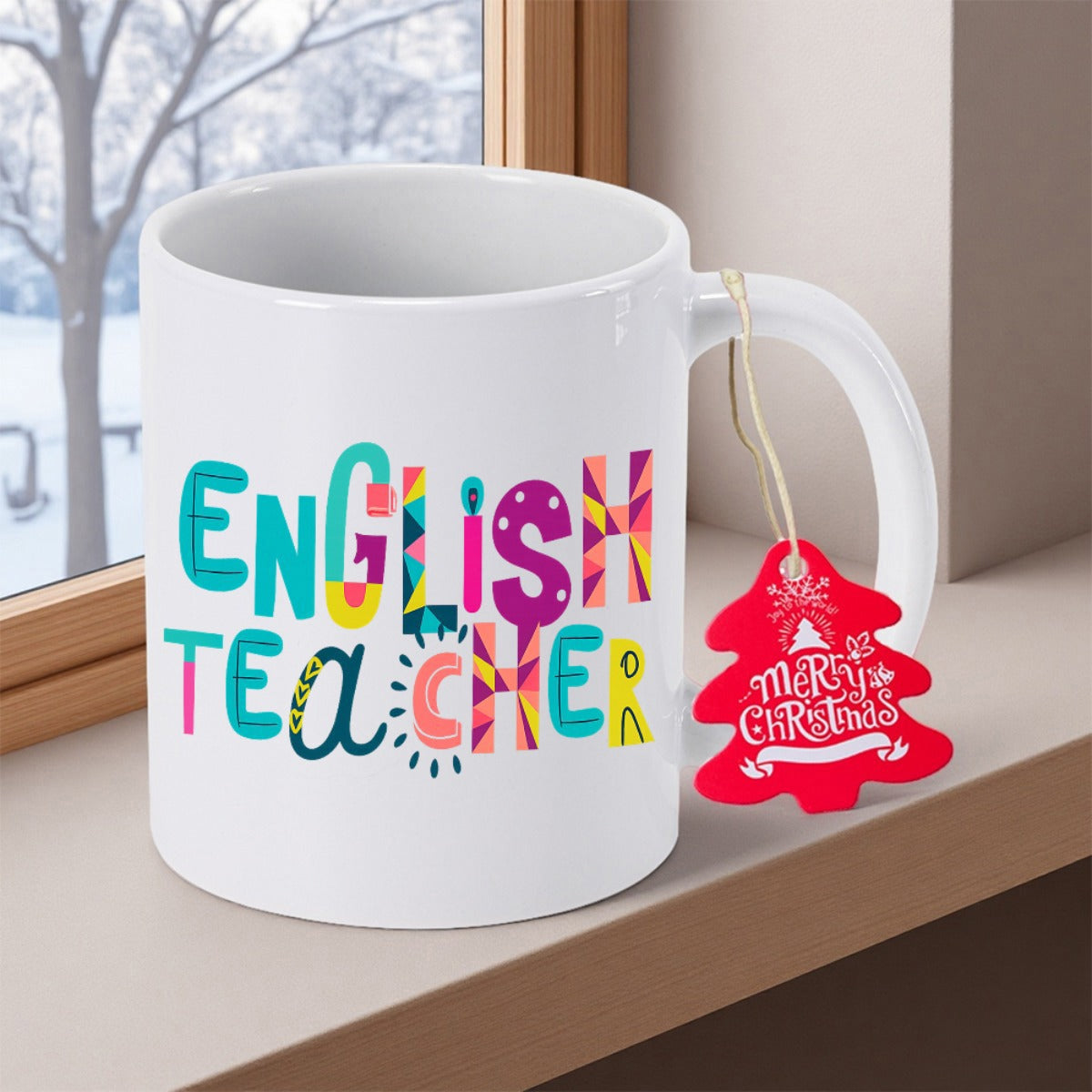 Tailorly White Ceramic 11 oz Mug - English Teacher Merry Christmas Artistic Colorful Patterned Letters Displayed On Ceramic White Background Mug