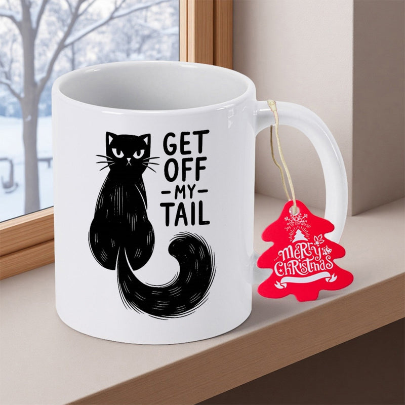 Tailorly White Ceramic 11 oz Mug - Get Off My Tail Sitting Grumpy Black Feline With Long Curled Tail And Sharp Gaze Cat