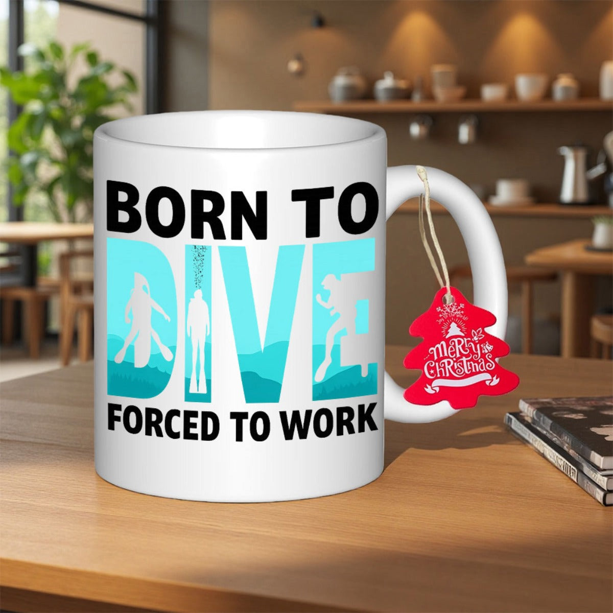 Tailorly White Ceramic 11 oz Mug - Born To Dive Forced To Work Bold Blue Typography Featuring Deep Sea Scuba Divers Exploring Underwater Depths Scuba Diver