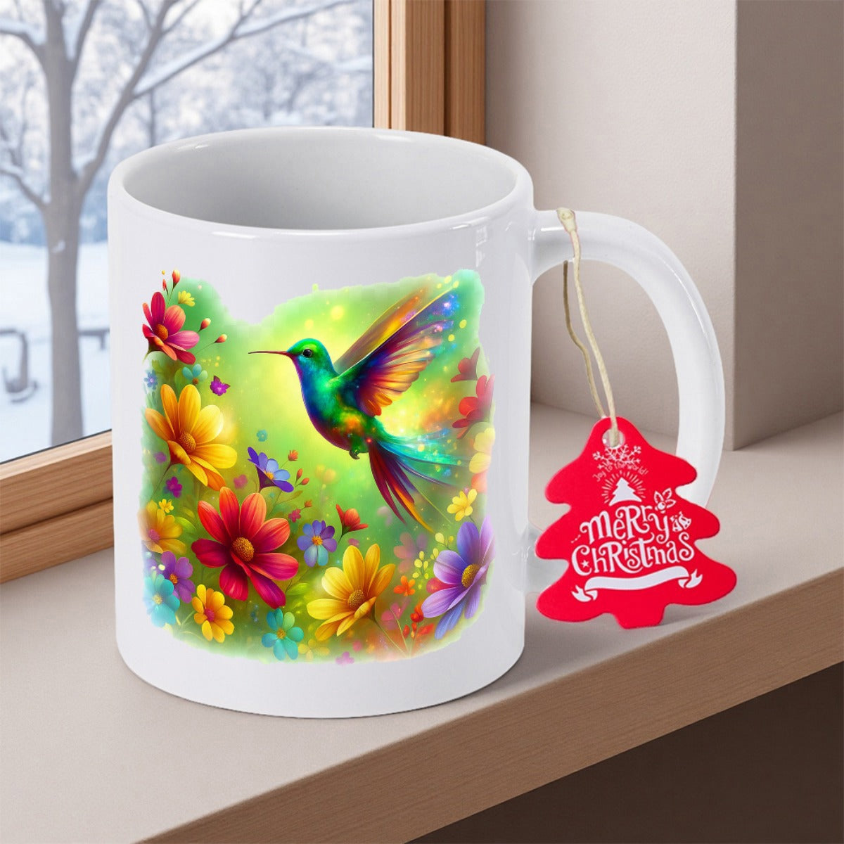 Tailorly White Ceramic 11 oz Mug - Merry Christmas Vibrant Hummingbird Hovering In A Lush Garden Filled With Colorful Flowers Hummingbird