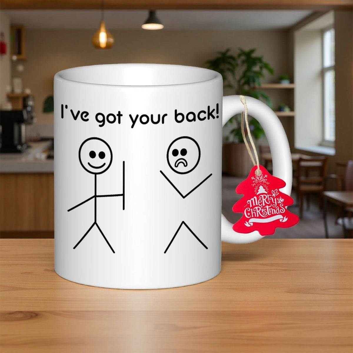 Tailorly White Ceramic 11 oz Mug - I've Got Your Back Minimalist Black Line Drawing Featuring Two Humorous Friends Supporting Each Other Stick Figures
