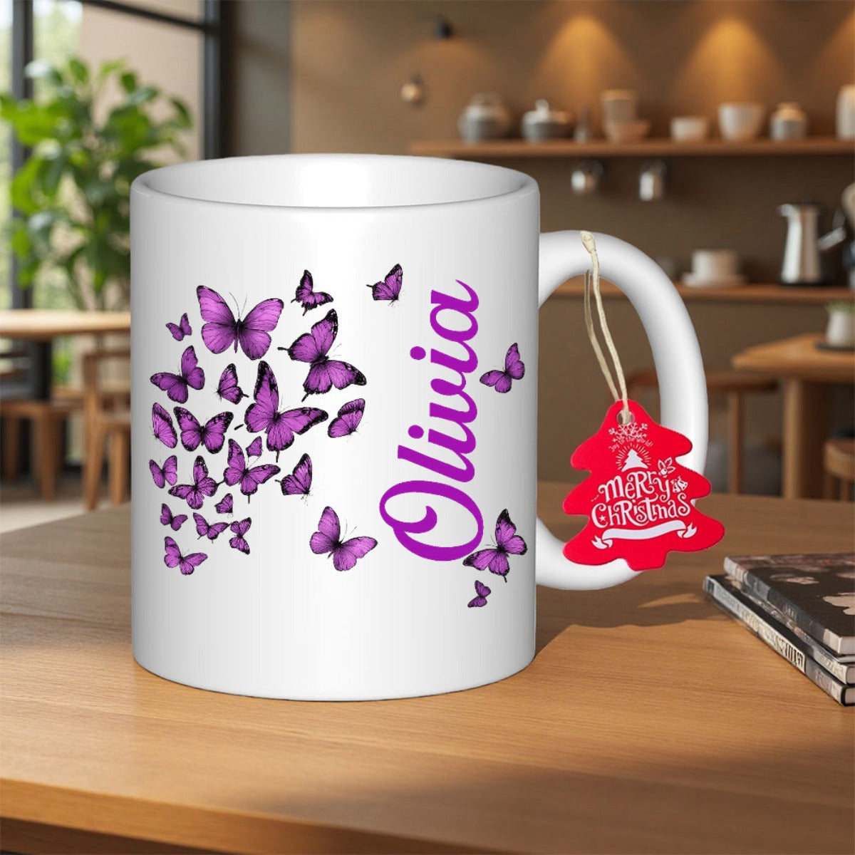 Tailorly White Ceramic 11 oz Mug - Olivia Elegant Purple Butterflies Fluttering Gracefully Together Across The Surface Butterfly