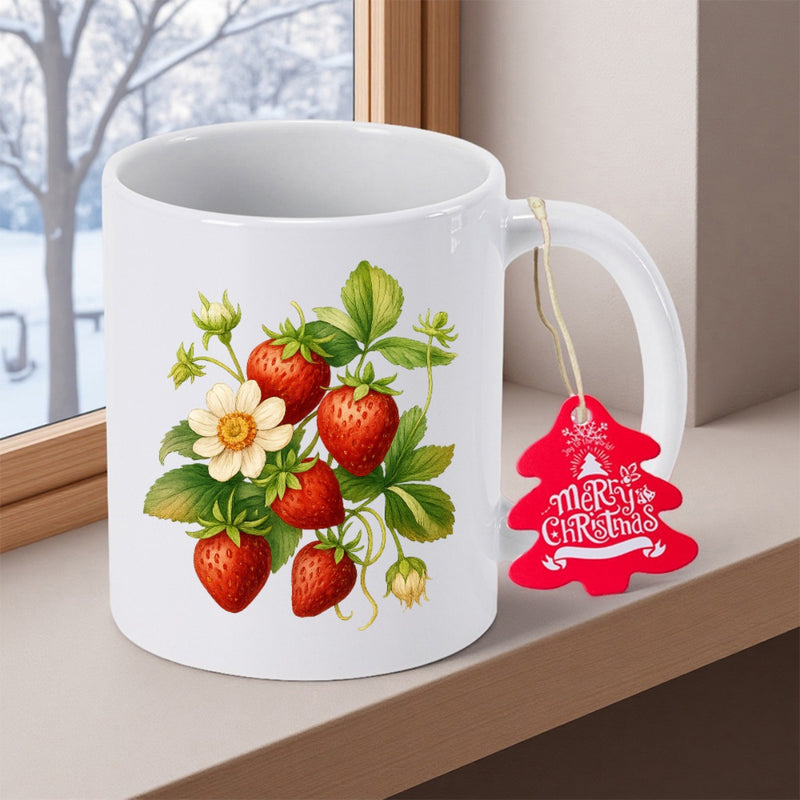 Tailorly White Ceramic 11 oz Mug - Merry Christmas Fresh Red Ripe Berries Among Green Leaves And Small White Flower Strawberry