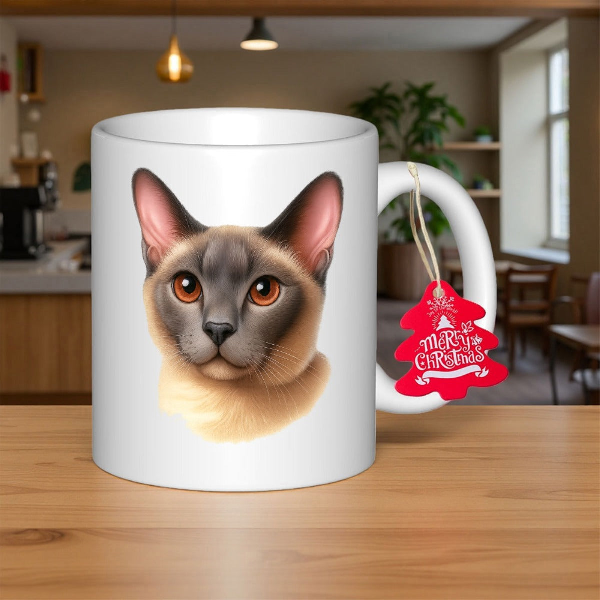 Tailorly White Ceramic 11 oz Mug - Merry Christmas Beautiful Realistic Siamese Feline Face With Focused Bright Eyes Cat