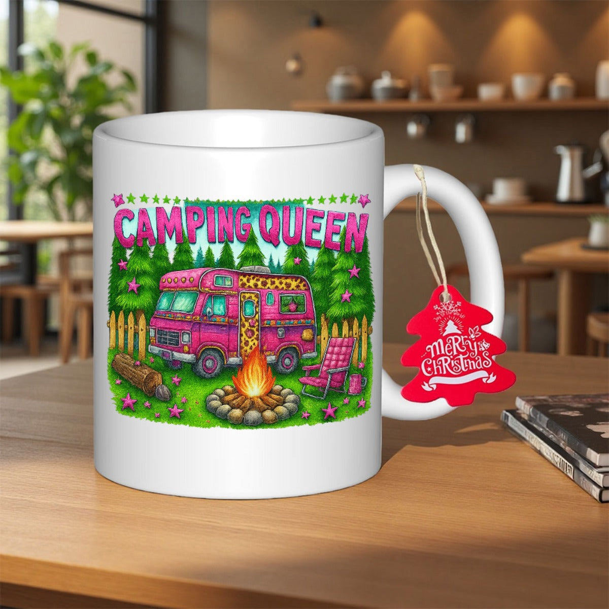 Tailorly White Ceramic 11 oz Mug - Camping Queen Vintage Pink Motorhome Parked In Forest Beside Cozy Outdoor Burning Campfire Camper