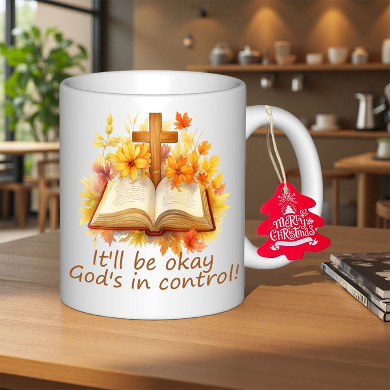 Tailorly White Ceramic 11 oz Mug - Itll Be Okay Gods In Control Wooden Cross Above Open Pages With Autumnal Golden Leaves Bible