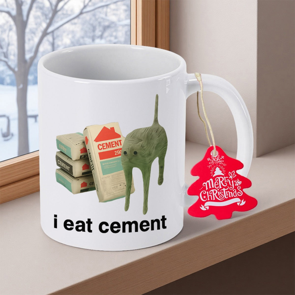 Tailorly White Ceramic 11 oz Mug - I Eat Cement Distorted Green Feline Standing Among Heavy Industrial Building Material Bags Cat