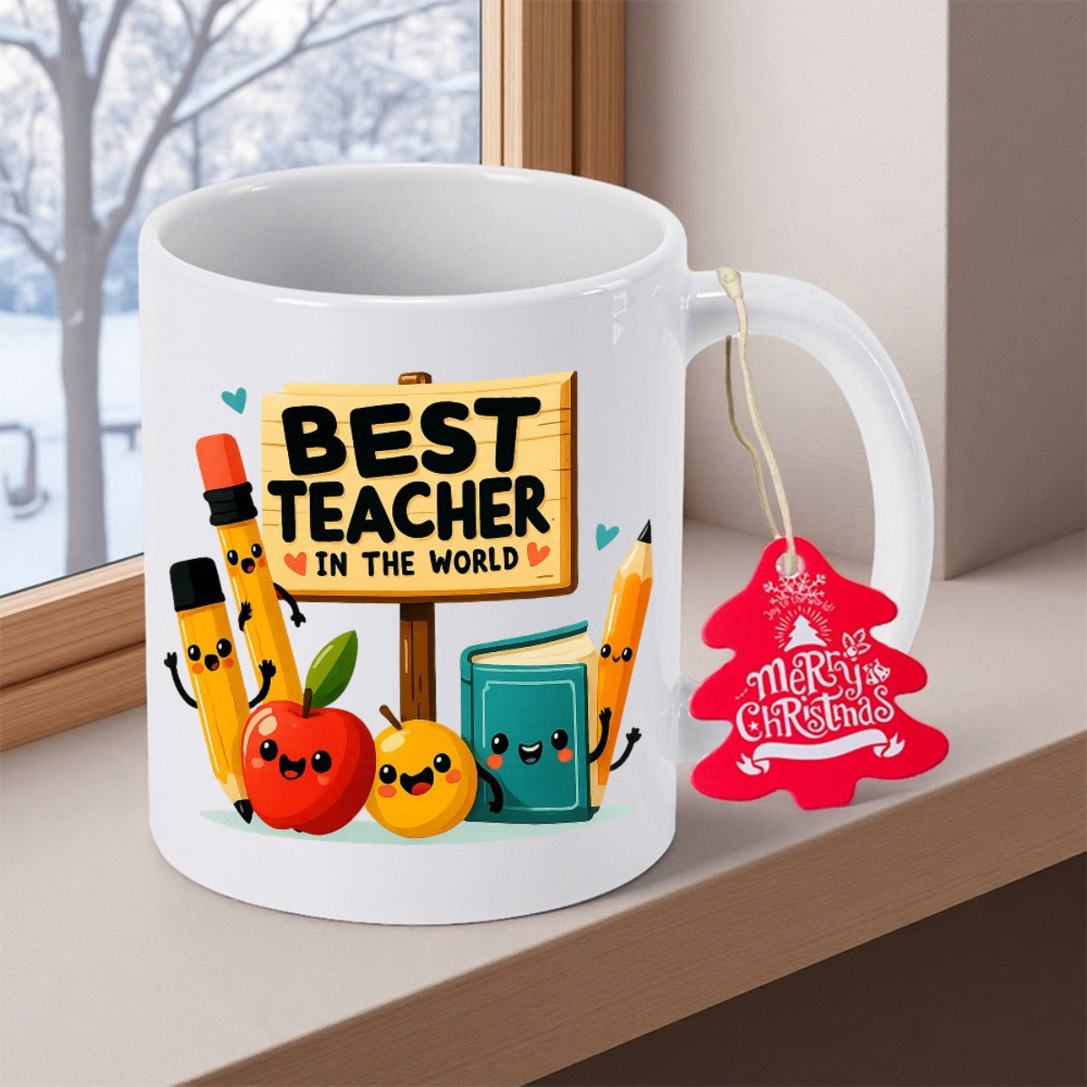 Tailorly White Ceramic 11 oz Mug - Best Teacher In The World Adorable Smiling School Supplies With Colorful Pencils And Cute Fruit Teacher
