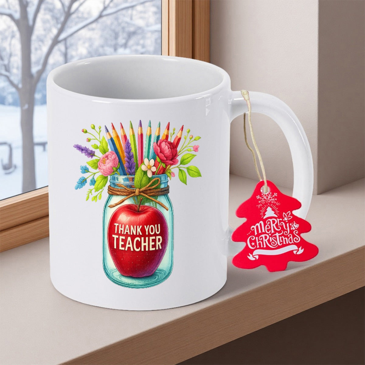 Tailorly White Ceramic 11 oz Mug - Thank You Teacher Merry Christmas Vibrant Colored Pencils And Blooming Flowers Inside A Glass Mason Jar Mug