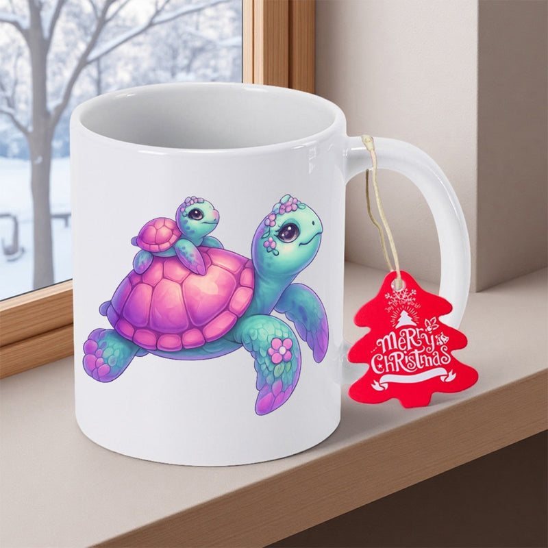 Tailorly White Ceramic 11 oz Mug - Merry Christmas Adorable Mother Turtle Carrying Baby With Pink Shell Pastel Sea Turtle