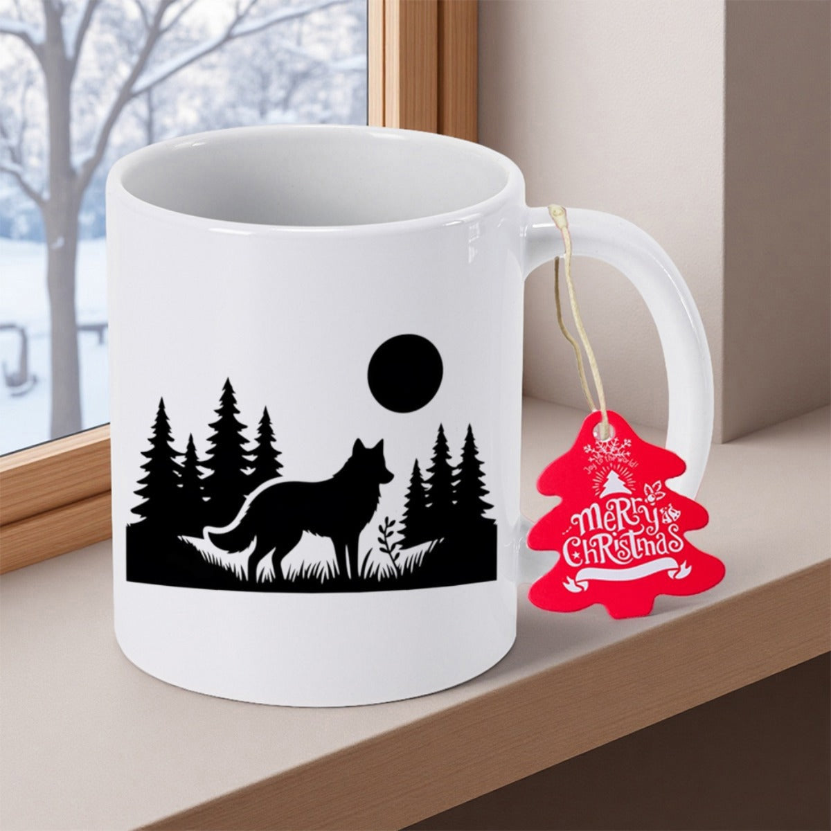 Tailorly White Ceramic 11 oz Mug - Merry Christmas Silhouette Of A Wild Wolf Standing Among Majestic Pine Trees Wolf