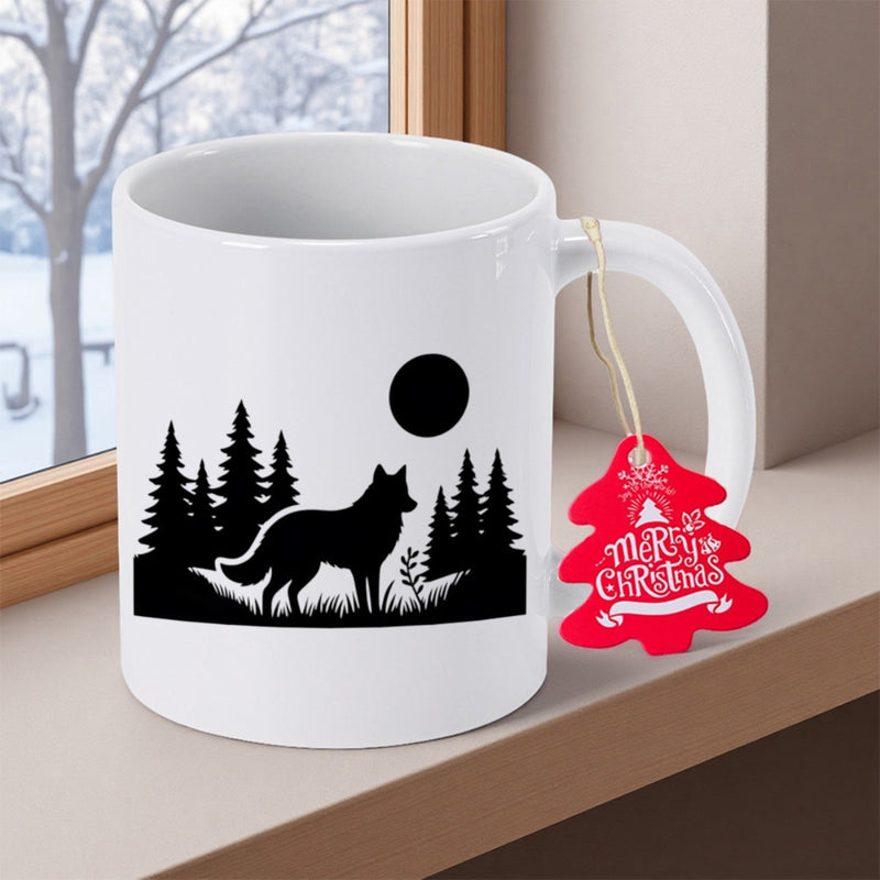 Tailorly White Ceramic 11 oz Mug - Merry Christmas Silhouette Of A Wild Wolf Standing Among Majestic Pine Trees Wolf