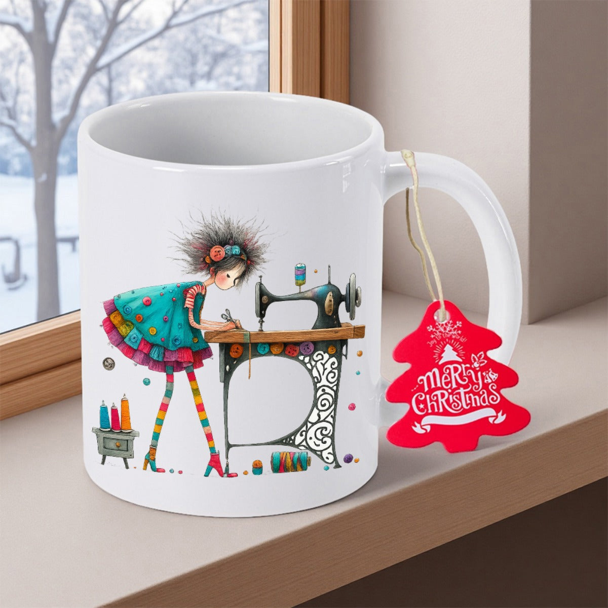 Tailorly White Ceramic 11 oz Mug - Merry Christmas Whimsical Girl Sewing Colorful Fabric Using Vintage Machine With Striped Stockings Seamstress