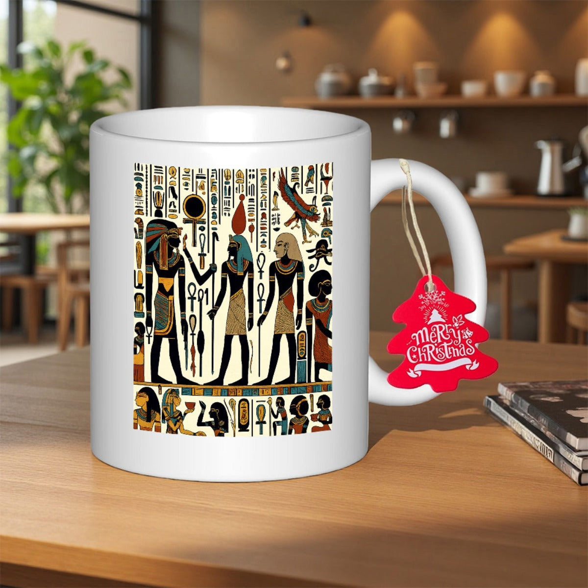Tailorly White Ceramic 11 oz Mug - Merry Christmas Ancient Egyptian Figures And Hieroglyphics Displayed On A Sacred Golden Parchment Art